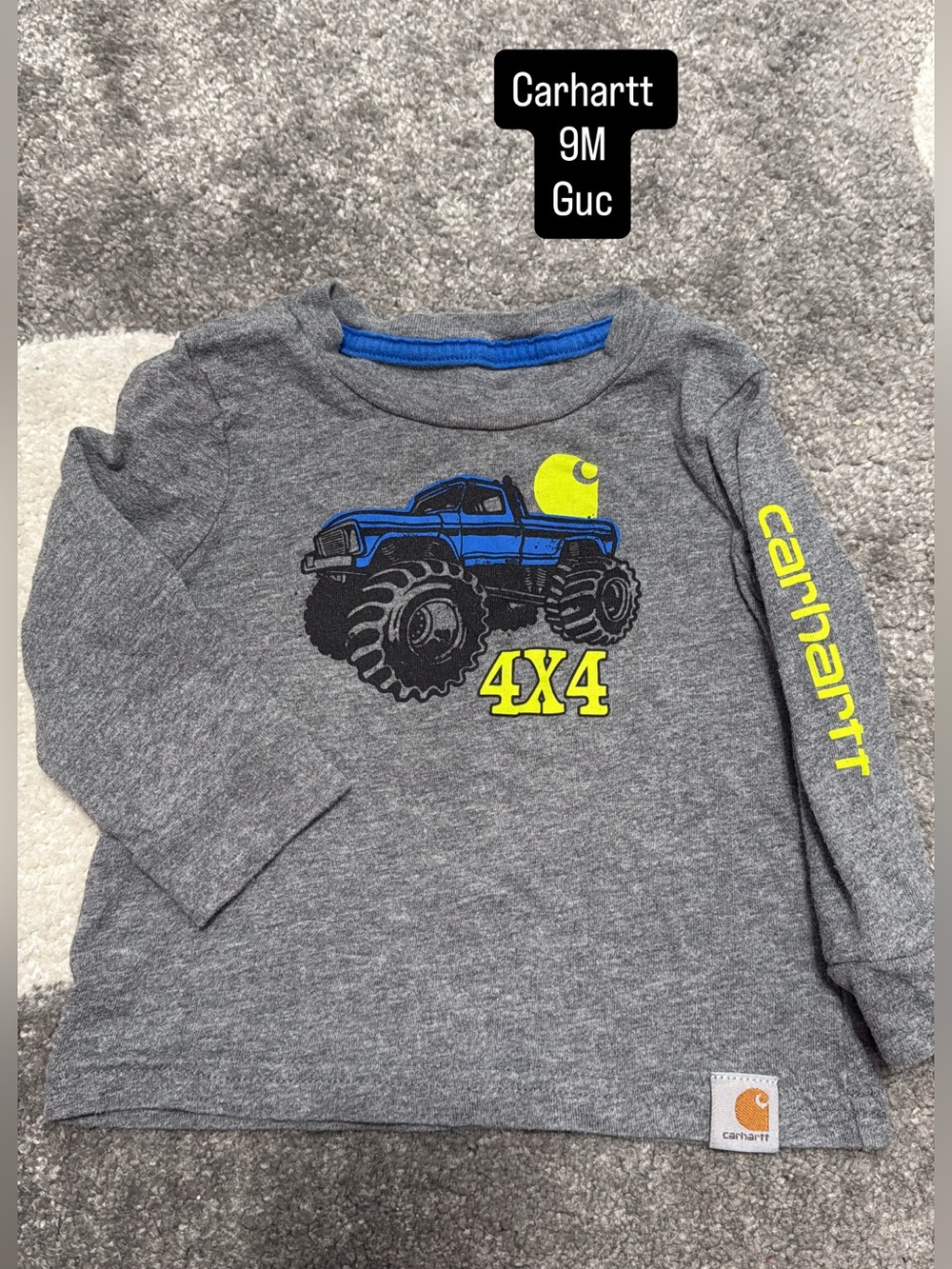 Carhartt Gray Long Sleeve Tee with Blue Monster Truck and Neon Yellow Accents